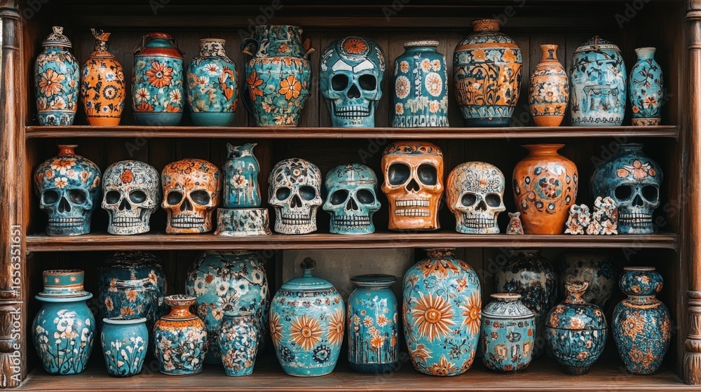 Fototapeta premium Decorative ceramic skulls and vases in a display cabinet