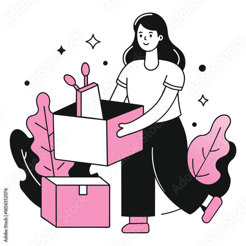 Young woman in casual wear opening a box, revealing something new in a creative environment. Female entrepreneur discovering innovative ideas in a modern office setting.