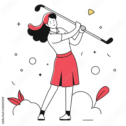 Young woman in golf attire swinging golf club outdoors. Female golfer in action on a golf course background. Amateur golfer in casual attire on a golf course -