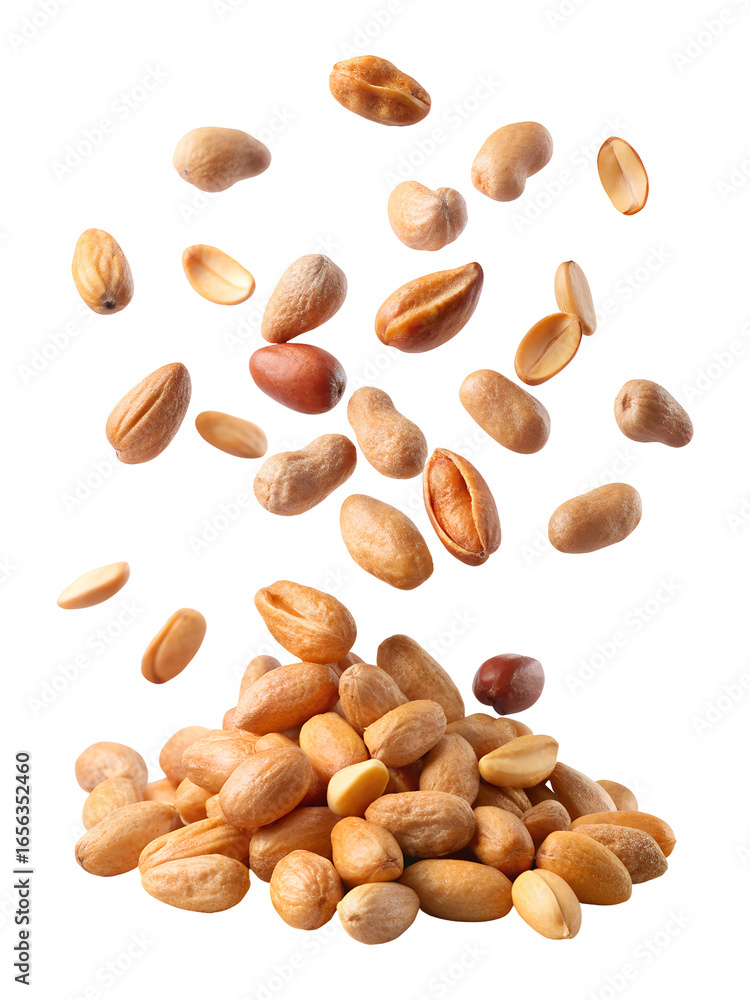 Obraz premium Falling roasted peanuts with pile isolated on a transparent white background, clipping path