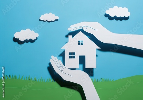 Paper cut-out hands protecting a house