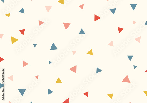 Vector illustration of a playful and colorful seamless pattern of scattered triangles in various sizes and hues on a cream background, perfect for childrens designs