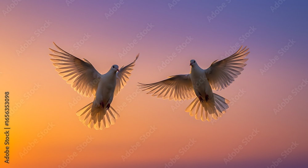 Obraz premium Two white doves flying gracefully against a vibrant sunset sky