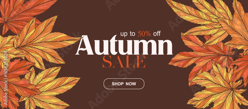 Autumn sale vector banner template with colorful hand drawn maple leaves isolated on brown background. Fall leaf vector illustration. Seasonal design for advertising flyer website poster card
