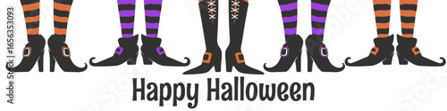 Canvas Print Happy Halloween horizontal illustration with cute cartoon witch legs in shoes and boots isolated on white background