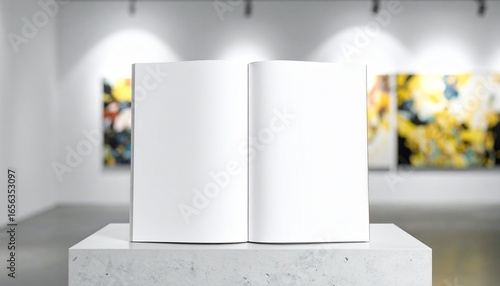 Blank open magazine mockup on a pedestal in a modern art gallery with abstract paintings