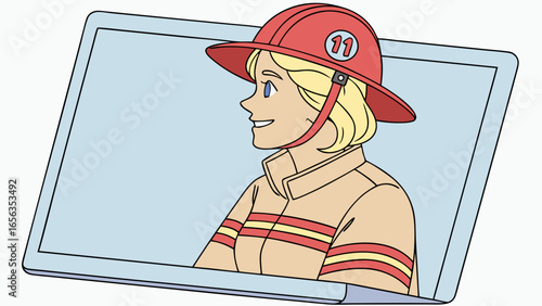 Smiling Female Firefighter Profile on Digital Screen.
