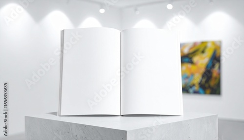 Open book mockup with blank pages standing on a pedestal in a bright, modern art gallery for creative presentation.