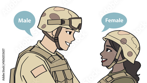 Smiling Male and Female Soldiers in Uniforms.