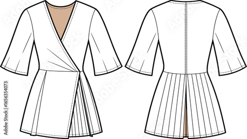 Elegant women's wrap mini dress technical fashion sketch with V-neckline, flared sleeves, and pleated skirt detail for stylish apparel CAD, flat vector illustration