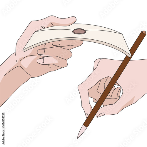 Vector illustration of hands holding brush or pen and envelope for writing, painting or calligraphy, symbolizing creativity, art, design process, drawing, traditional writing, and artistic expression