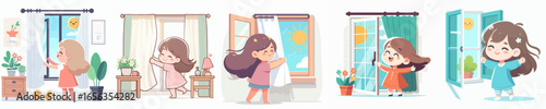 vector of a little girl opening the window in the morning