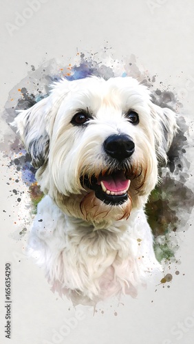 Portrait of a fluffy white dog with a happy expression, framed by a watercolor-style splatter