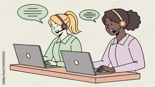 Two Call Center Agents Working at Desks with Laptops and Headsets.