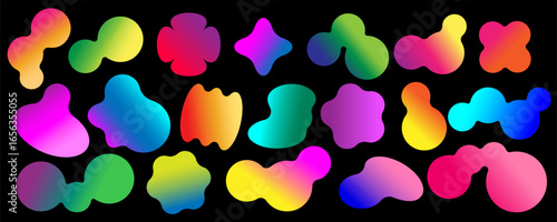 A set of liquid spots with a bright neon gradient. Liquid blots with a grainy texture on a dark background. Irregular geometric shape for design. Abstract colorful drop. Vector organic dynamic figure