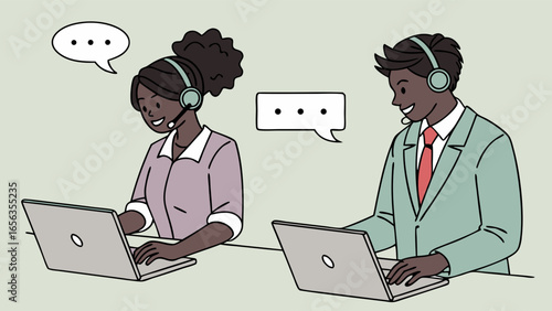 Two Smiling Customer Service Agents Working on Laptops with Headsets.