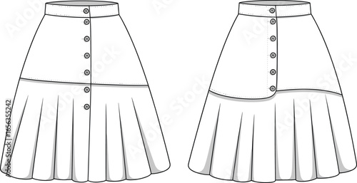Women's A-line midi skirt technical fashion sketch with button-front closure and pleated hem for versatile and stylish apparel CAD, flat vector illustration