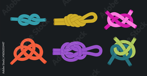 Set of different rope knots. Twisted, tied complex cord knots. Decorative braiding, sea loops. Hand drawn vector illustration isolated on black background, modern flat cartoon style.