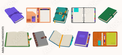 Notepad set. Diary, business organizer, daily planner, open and closed paper notebooks. Hand drawn vector illustration isolated on white background, modern flat cartoon style.