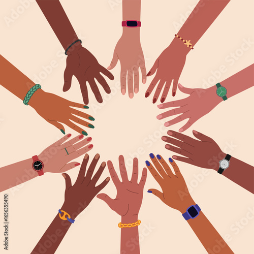 Group of multiracial hands on top of each other in a circle. Diverse people and cultures, racial equality. Hand drawn vector vector illustration isolated on light background, modern flat cartoon style