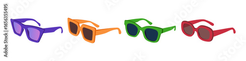 Set of sunglasses, different shapes and colors. Fashion spring summer accessory. Hand drawn vector illustration isolated on white background, modern flat cartoon style.