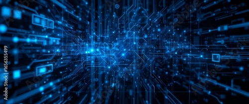 Blue Abstract teal city lights background with digital interface overlay, showcasing technological advancement and modern urban life, ideal for tech or futuristic concepts