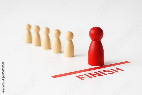A strong leader stands confidently at the finish line, guiding a diverse group of individuals in pursuit of success, symbolizing leadership, teamwork, and achievement in a competitive environment.