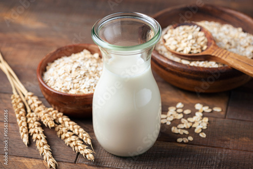 Alternative milk Oat milk, gluten free lactose free dairy free. Rustic composition