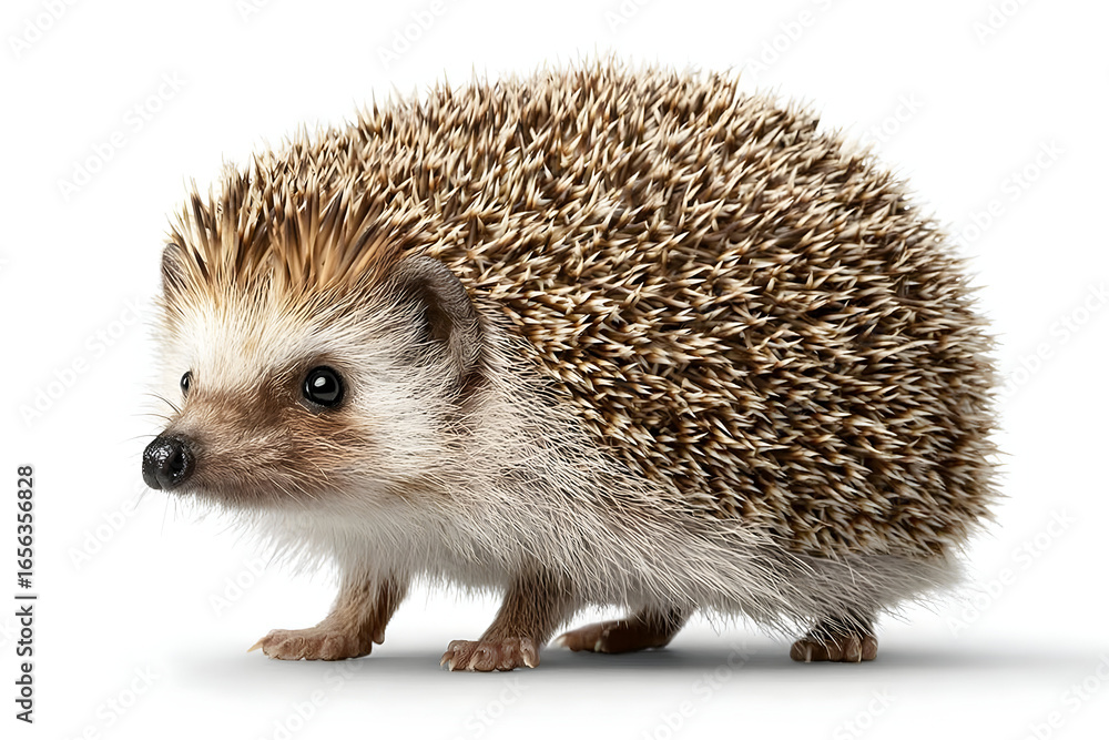 Fototapeta premium A charming hedgehog poses in a delightful manner, showcasing its distinctive spiny coat and curious expression, perfect for animal lover imagery.