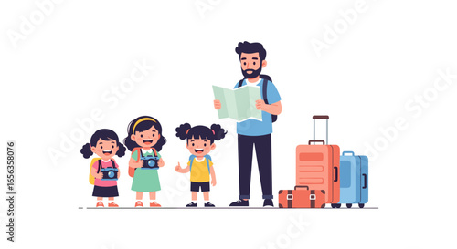 family vacation travel illustration vector flat design icon concept, colorful trip adventure
