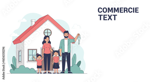 family new home vector illustration happy parents kids holding keys flat design modern style concept