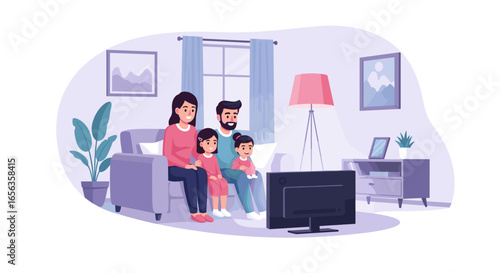 family watching tv vector illustration, happy people in living room, flat design, modern home interior 