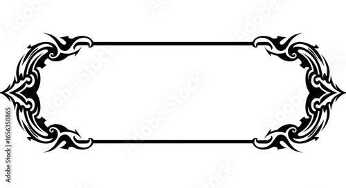 An edgy rectangular frame with sharp, tribal tattoo-style flourishes. This black and white vector silhouette is perfect for Y2K, gothic, and streetwear-themed graphic designs.