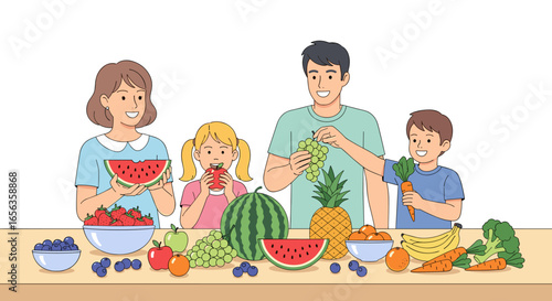 Family eating fruits vector illustration, healthy lifestyle, flat design, food concept, colorful