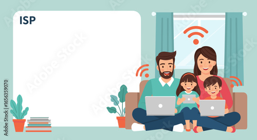 family using wifi illustration, flat vector design, modern home internet concept, online life