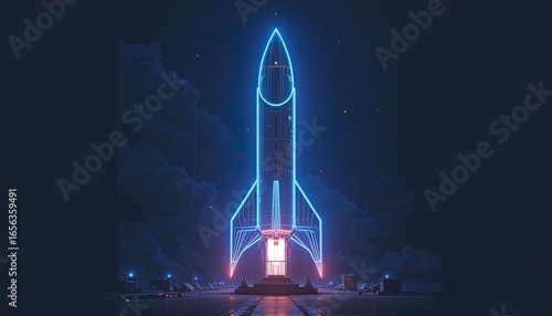 A futuristic rocket, illuminated by vibrant neon lights, stands poised for launch on a dark, starry night.