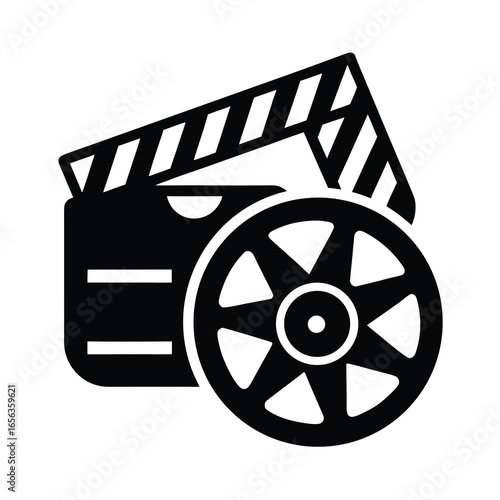 Vector art of black silhouette of a film clapperboard and a movie reel, representing cinema and video production