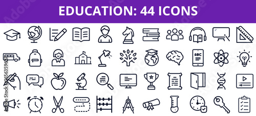 Education icon set featuring various symbols of learning and knowledge  