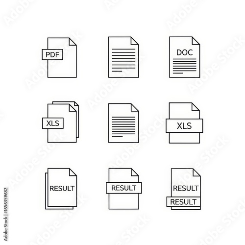 Collection of document icons representing common file types for digital information and data organization