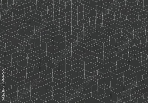 Vector illustration of abstract geometric pattern with a dark background composed of white line art cubes creating a sense of depth and structure