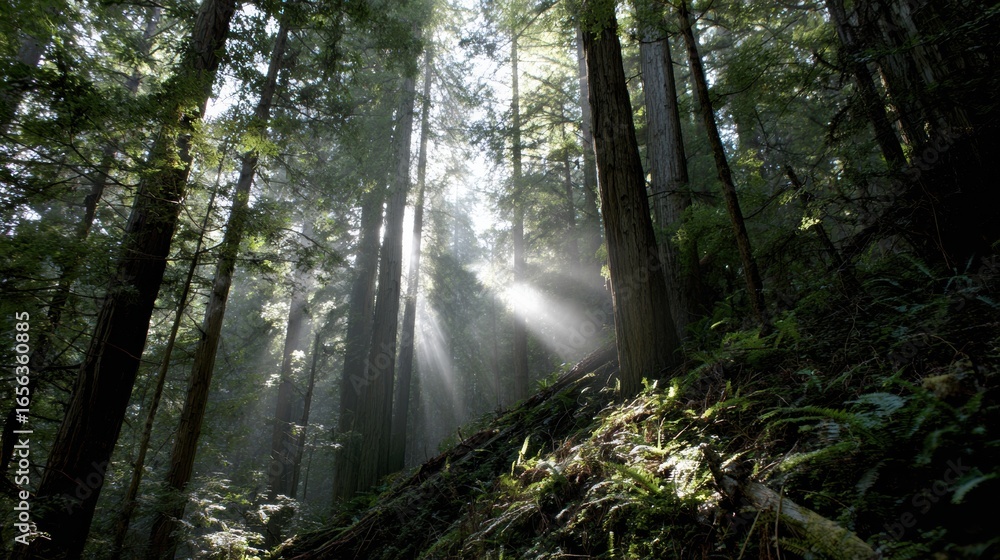 Obraz premium Majestic redwood forest with sunlight streaming through tall trees, creating serene atmosphere. interplay of light and shadow enhances natural beauty of landscape, inviting tranquility