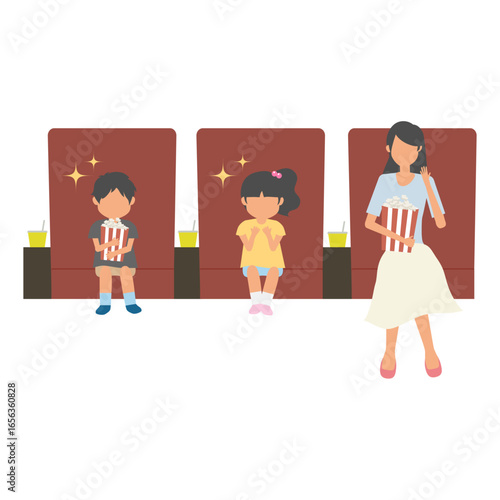 お母さんと子供の兄弟が映画を鑑賞している様子のイラスト