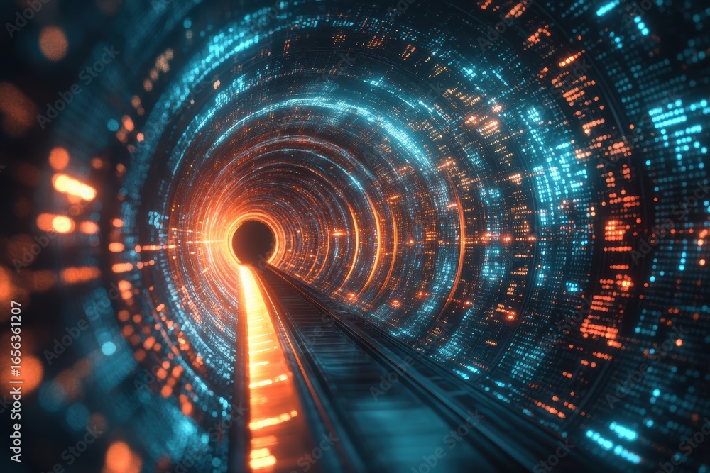Fototapeta premium Exploration of abstract data tunnels showcasing vibrant code spirals in minimalistic design