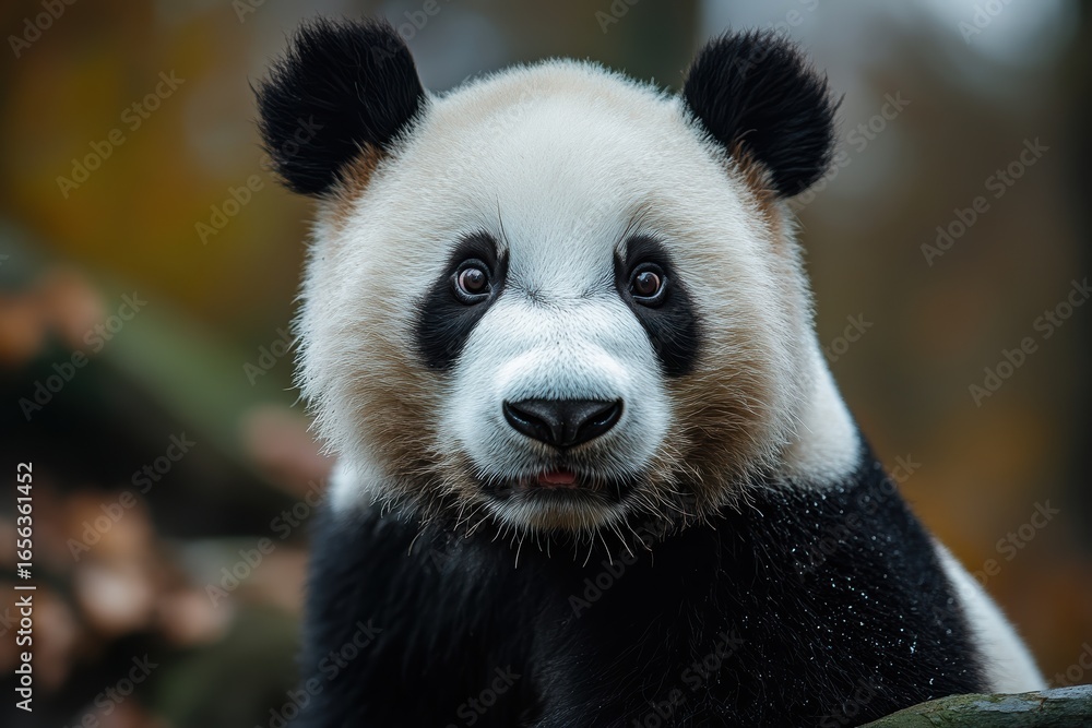 Naklejka premium Panda surprises visitors with an unexpected expression during a chilly autumn day