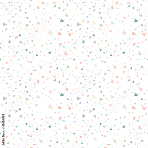 Vector illustration of light pastel confetti and triangle pattern with scattered shapes on a