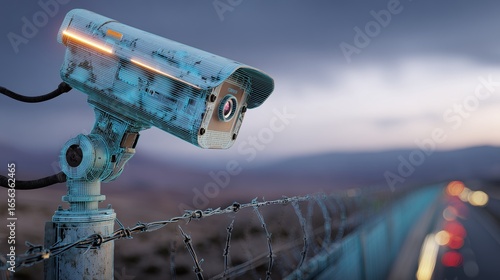 Camera de surveillance futuriste avec design holographique sur cloture