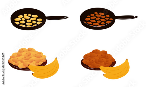 Vector illustration of cooking and serving Tajadas fried banana slices Plantain