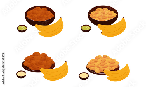Vector illustration of cooking and serving Tajadas fried banana slices Plantain