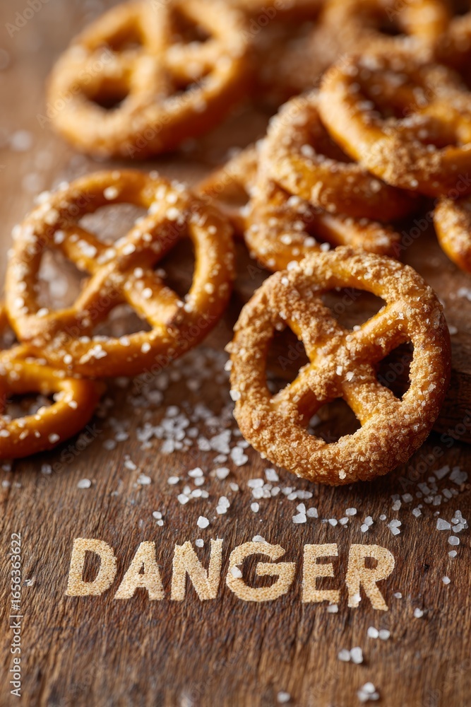Salted pretzels with warning text symbolizing excessive salt consumption danger Salted pretzels with warning text symbolizing excessive salt consumption danger