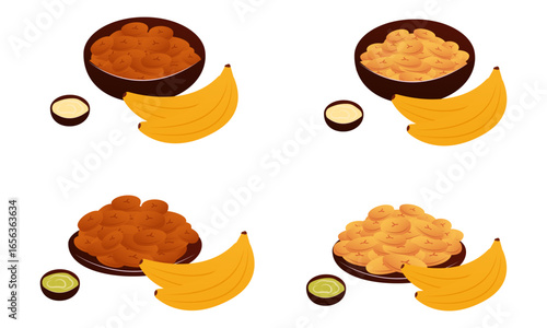 Vector illustration of cooking and serving Tajadas fried banana slices Plantain